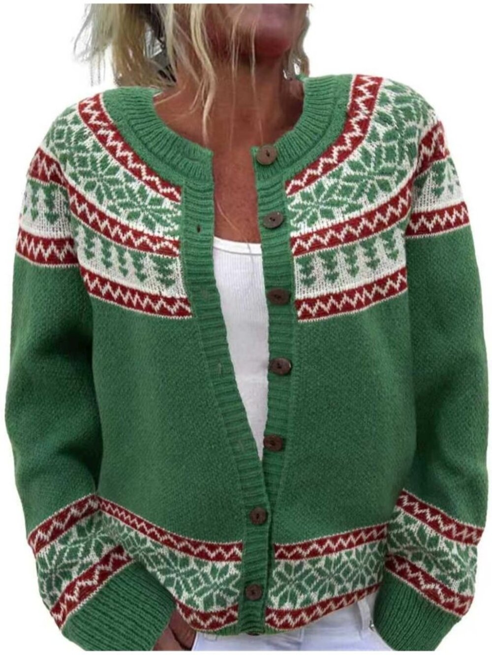 Women’s Green Fair Isle Snowflake Ugly Christmas Cardigan Sweater